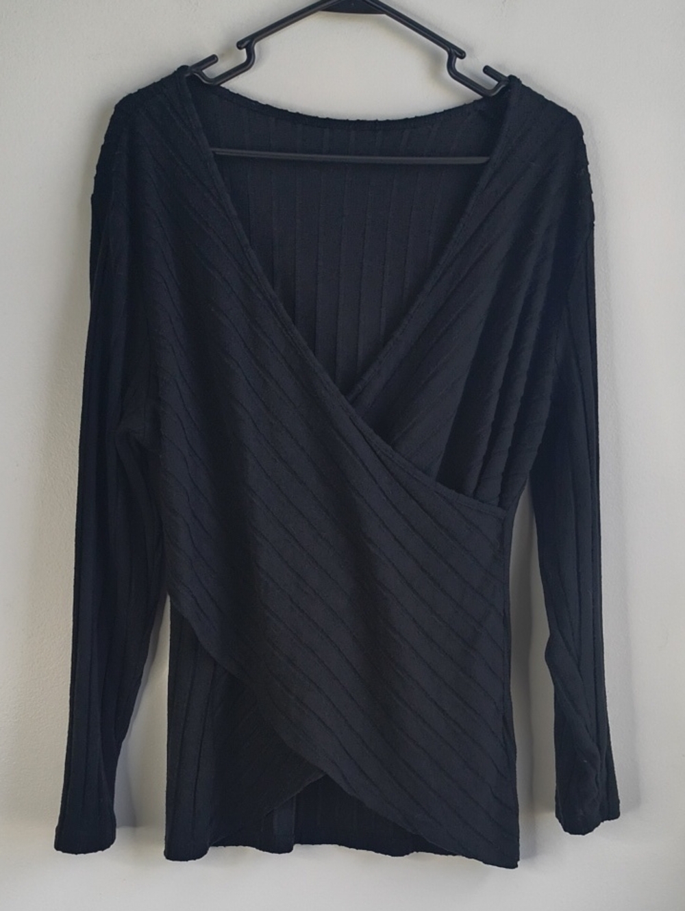 SHEIN Black Ribbed V-Neck Wrap Sweater